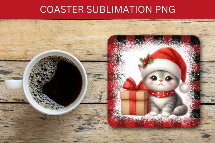 square coaster - cat with wrapped christmas gift