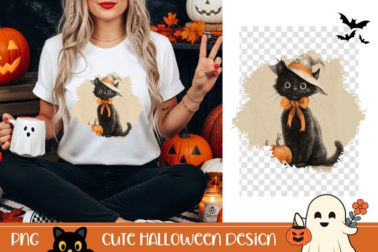 Halloween Black Cat PNG, Cartoon Halloween Cat T-Shirt PNG