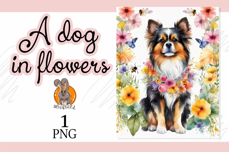 a dog in flowers, watercolor