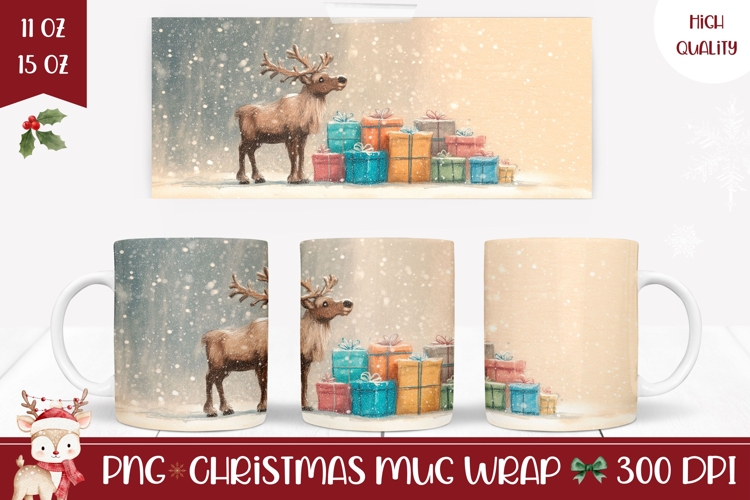 Cartoon Christmas Deer Mug, Christmas Animals Mug Template