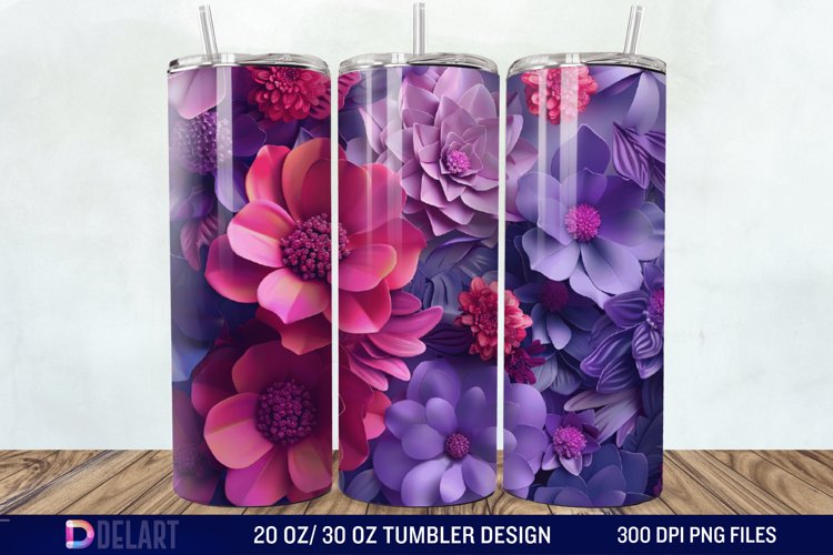 3D Fuchsia and Violet Flowers Tumbler Wrap