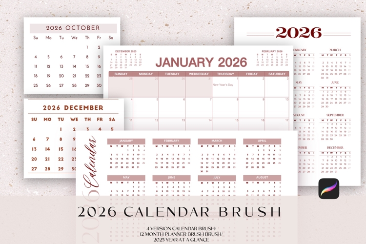 Procreate 2026 Calendar Planner Stamp Brush, Month