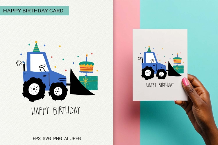Car Tractor | Happy Birthday Card | EPS SVG PNG JPG AI