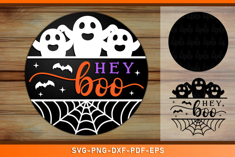 Hey Boo, Halloween Round Door Hanger Sign SVG Laser Cut File