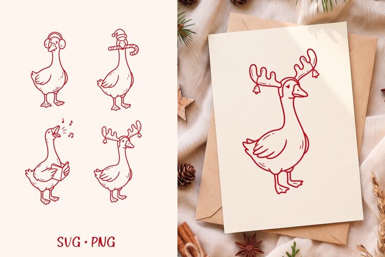 Christmas Goose SVG, Reindeer Antlers Caroling Goose Clipart example image 1