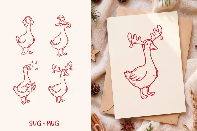 Christmas Goose SVG, Reindeer Antlers Caroling Goose Clipart
