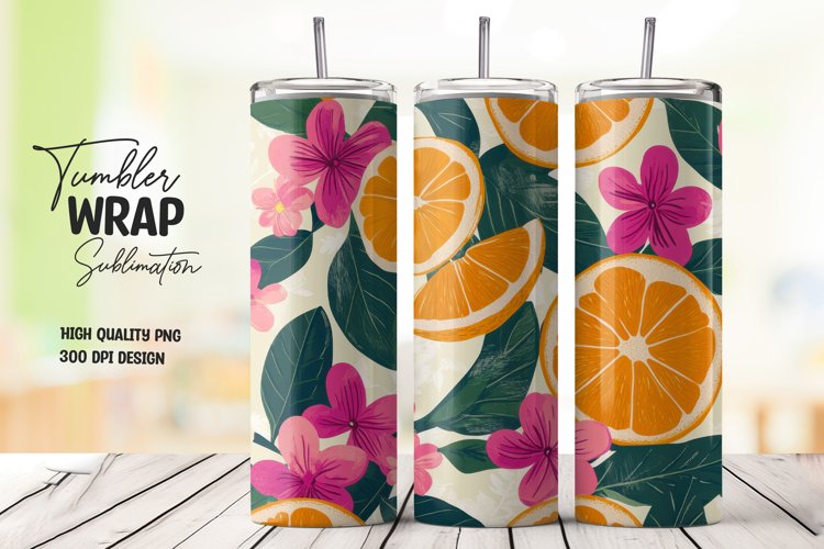 Orange with Leaves and Flowers Tumbler Wrap Sublimation example image 1