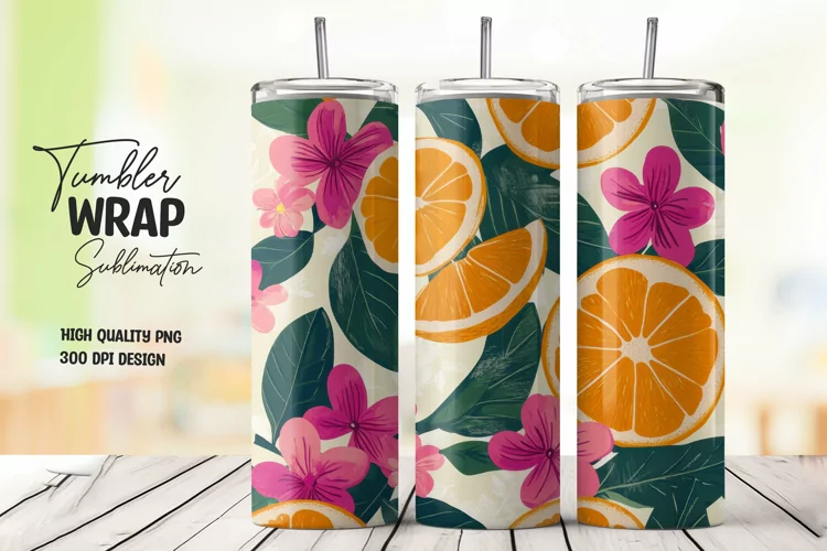 Orange with Leaves and Flowers Tumbler Wrap Sublimation
