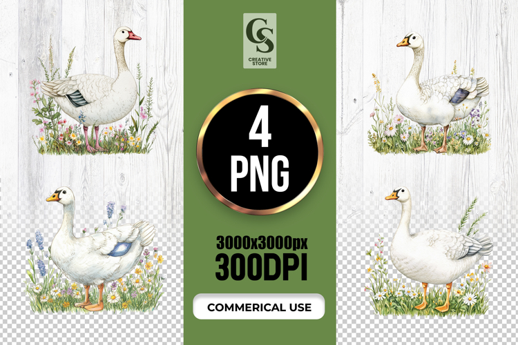 Watercolor Goose in Meadow Flowers Clipart Sublimation PNG