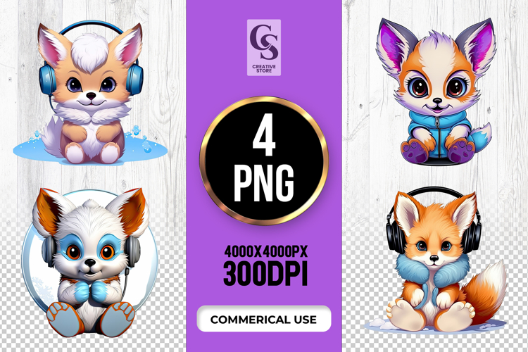 Cute Fox Headphone Clipart Sublimation PNG