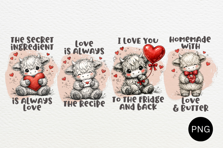 Valentines Day Highland Cow Tea Towel Png Bundle