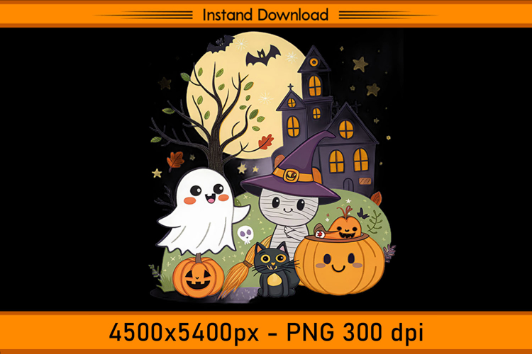 Cute Christmas Ghost Cat and Pumpkin Moon PNG