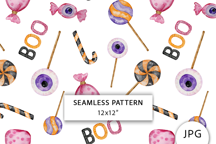 Watercolor Halloween Candy Seamless Pattern