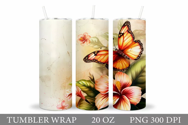 Butterfly Tumbler Sublimation. Flowers Tumbler Wrap Design