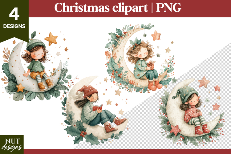 Cute Christmas clipart, Christmas Elf Moon Clipart