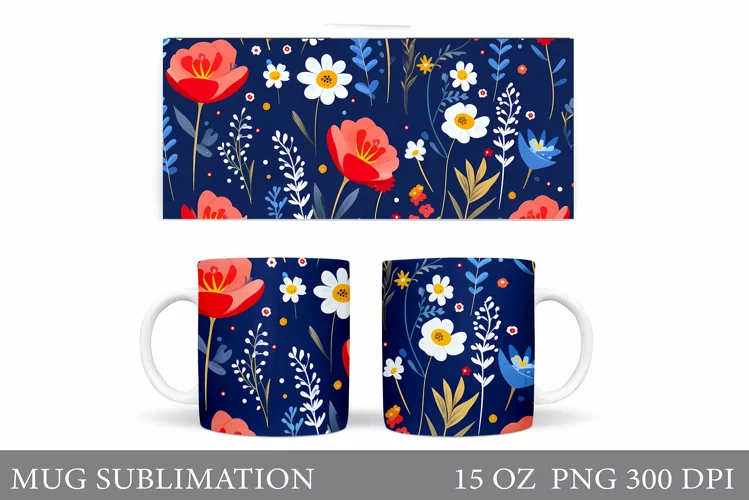 Wildflowers Mug Sublimation. Flowers Mug Wrap Design
