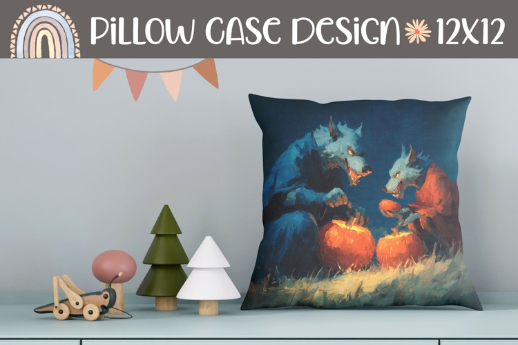 Black Wolf Pillow, Pumpkins Pillowcase, Halloween Pillow PNG