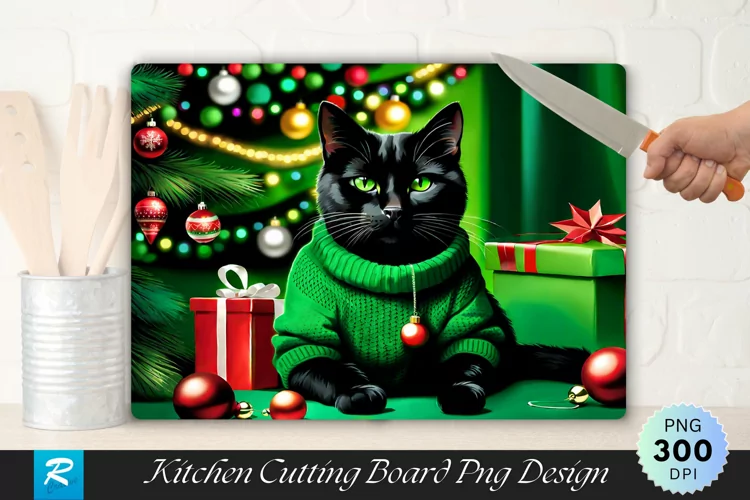 Festive Black Cat Cutting Board Sublimation Design