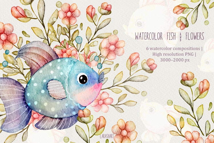 Watercolor Fish and Flowers Clipart Cute Underwater Floral