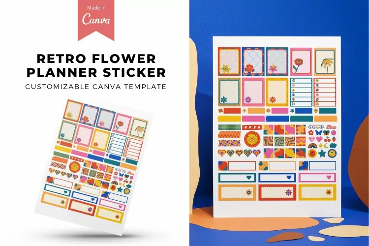 Retro Flower Planner Sticker Canva Template