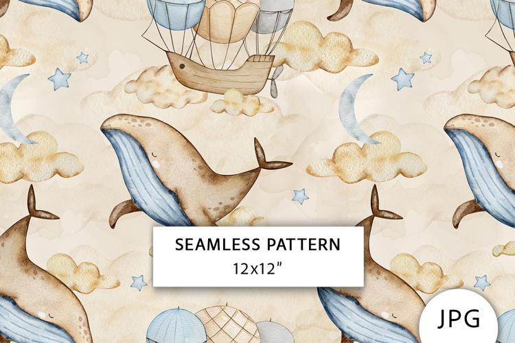 Watercolor Whale Dreams Seamless Pattern
