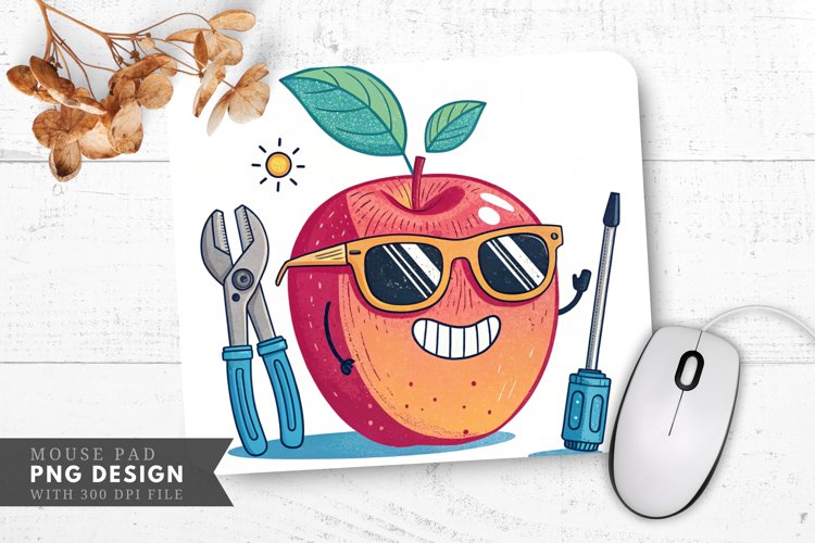 Trendy Apple with Sunglasses and Tools Mouse Pad PNG