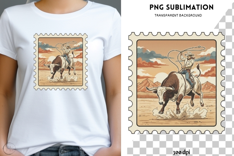 Cowboy Bull Riding PNG | Rodeo Western Stamp Design