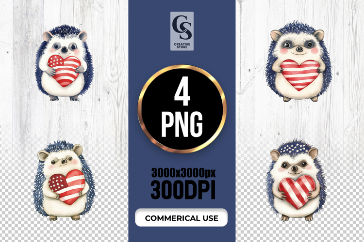Cute Hedgehog Patriotic Heart Watercolor Clipart PNG