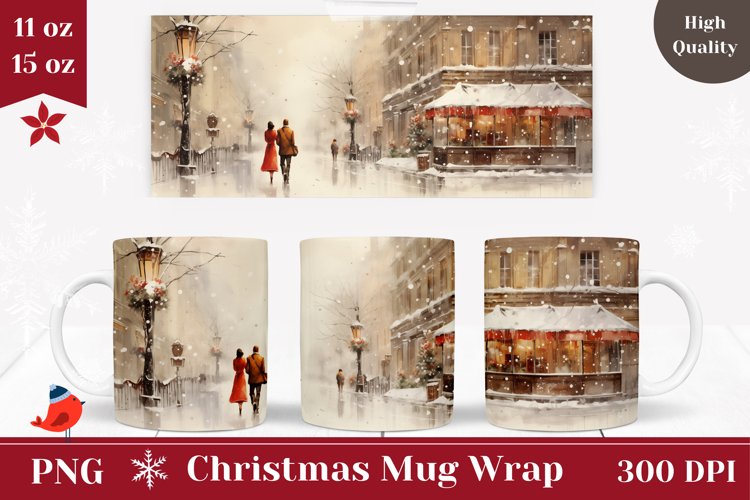 Watercolor Christmas City Mug Template, Coffee Christmas Mug