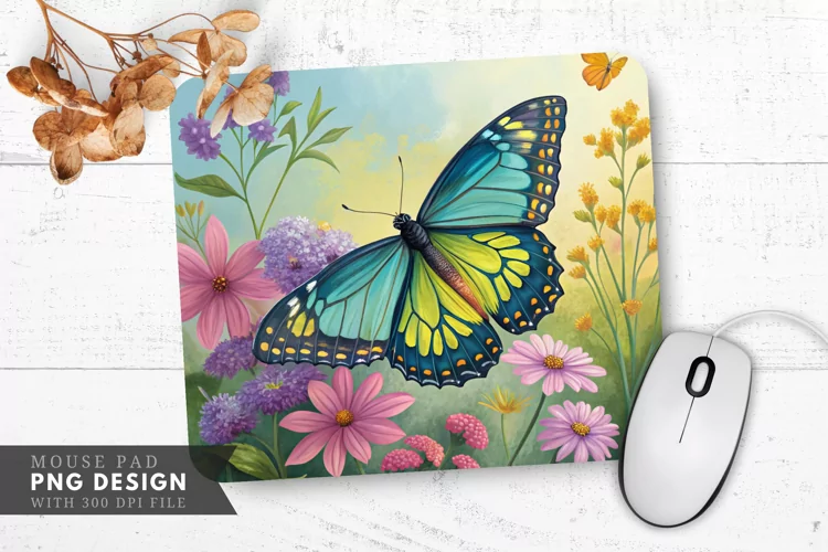 Vibrant Butterfly with Flowers Mouse Pad PNG Design