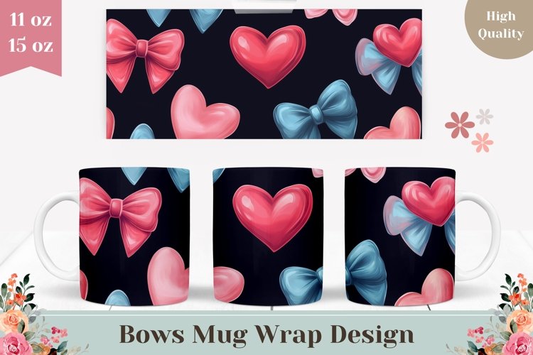 Cute Bows Mug Wrap Design, Love Hearts Mug Template