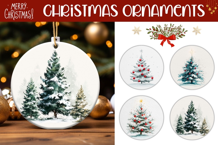 Watercolor Christmas Tree Round Ornaments, Winter Gift Tags