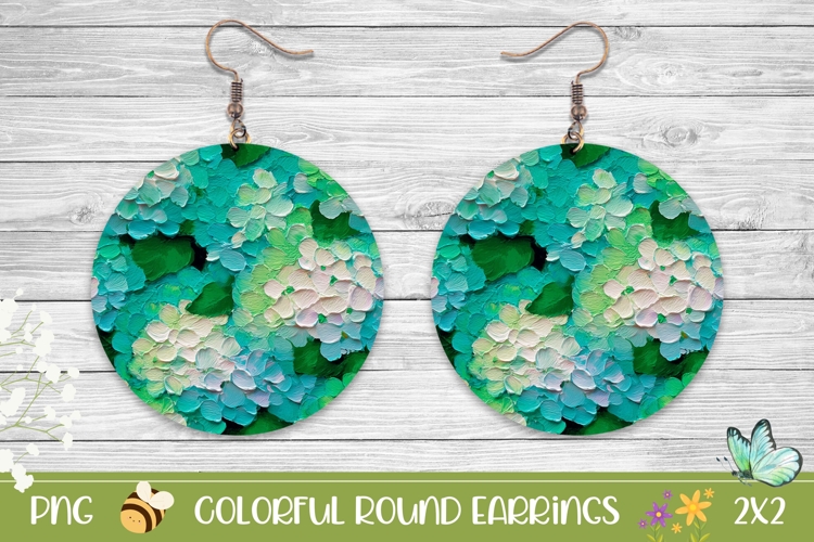 Green Hydrangea Round Earrings Sublimation PNG
