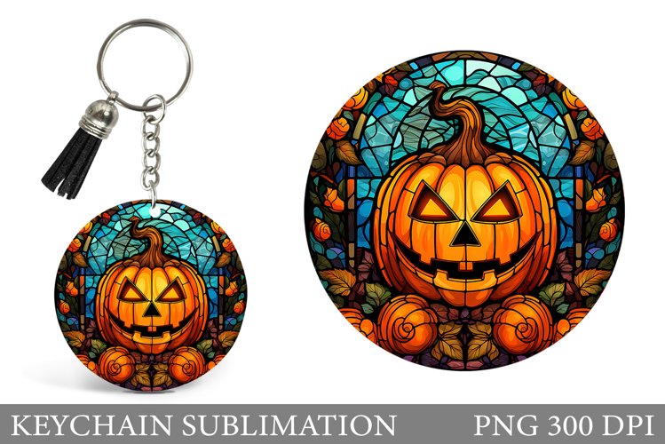 Stained Glass Pumpkin Keychain. Halloween Round Keychain