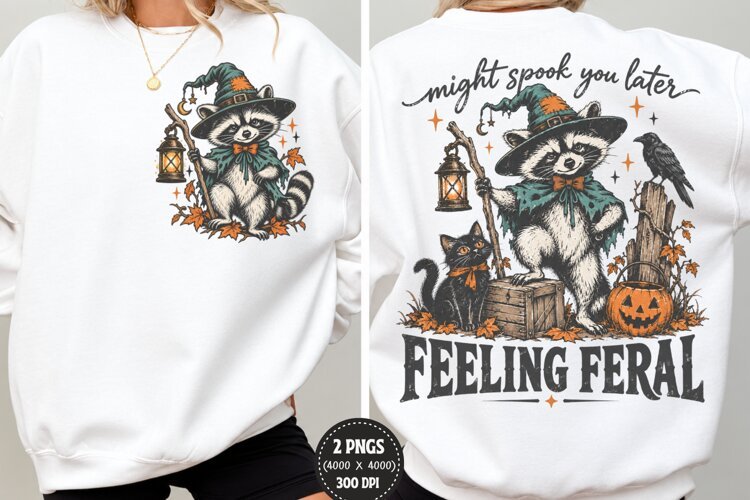 Feeling Feral Halloween Front Back PNG, Witch Raccoon Chest example image 1