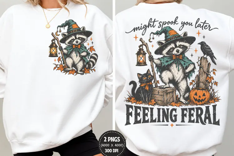 Feeling Feral Halloween Front Back PNG, Witch Raccoon Chest