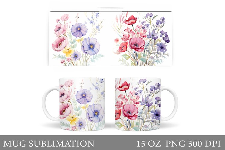 Wildflowers Mug Sublimation. Flowers Mug Wrap Design example image 1