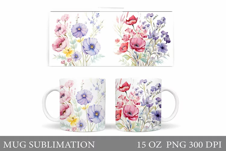 Wildflowers Mug Sublimation. Flowers Mug Wrap Design