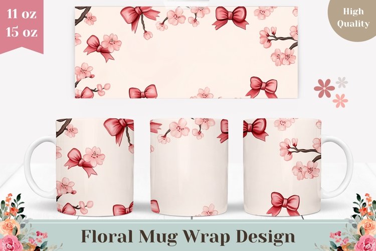 Cartoon Bows Mug Wrap Design, Floral Mug Sublimation
