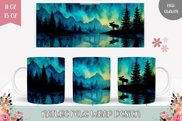 Watercolor Lake Mug Wrap Design, Night Forest Mug Template