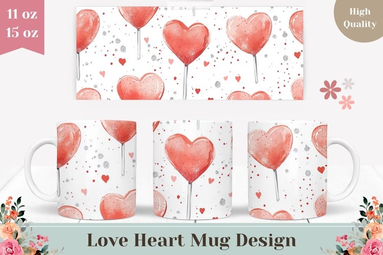 Lollipop Mug Wrap Design, Red Love Hearts Mug Template