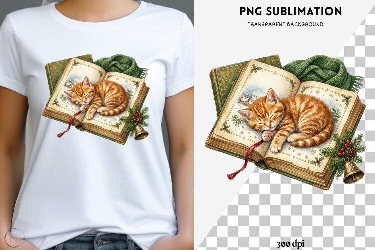 Christmas bookish cat png design for T-shirts example image 1