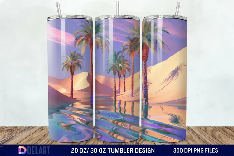 3D Tranquil Desert Oasis Stained Glass Tumbler Wrap