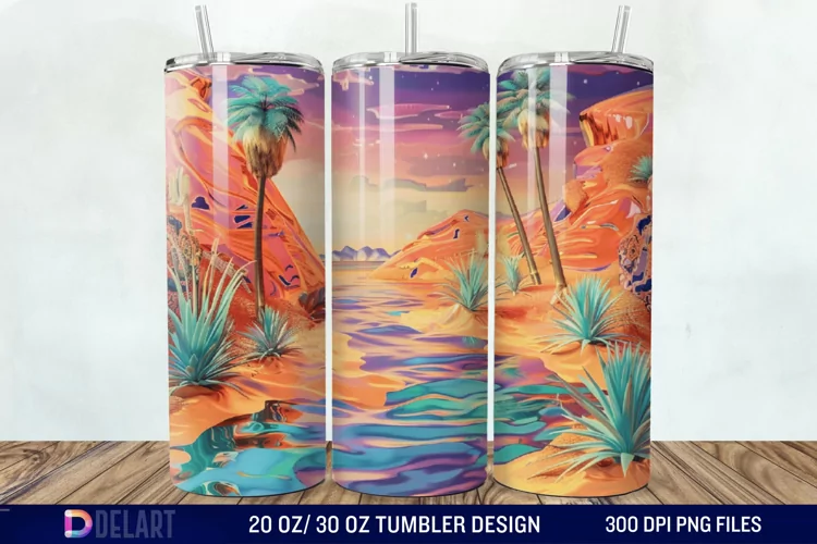 3D Tranquil Desert Oasis Stained Glass Tumbler Wrap