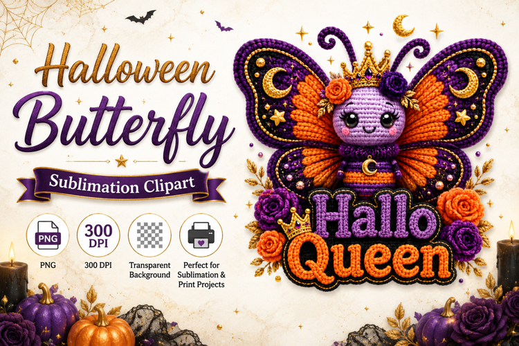 Halloween Butterfly PNG, Hallo Queen Sublimation Clipart