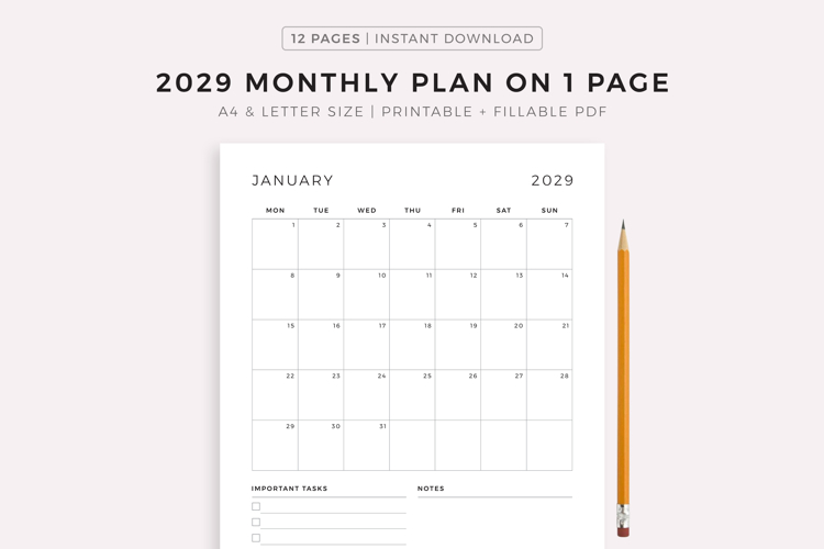 2029 Monthly Planner, Printable & Fillable, A4/Letter Size