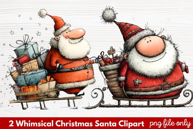 2 Whimsical Christmas Santa Clipart | Cute Santa PNG
