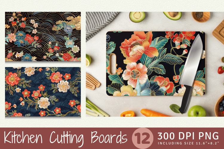 Japanese Floral Embroidery Cutting Boards sublimation Design