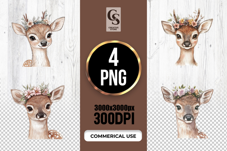 Floral Deer Fawn Watercolor Clipart Sublimation PNG