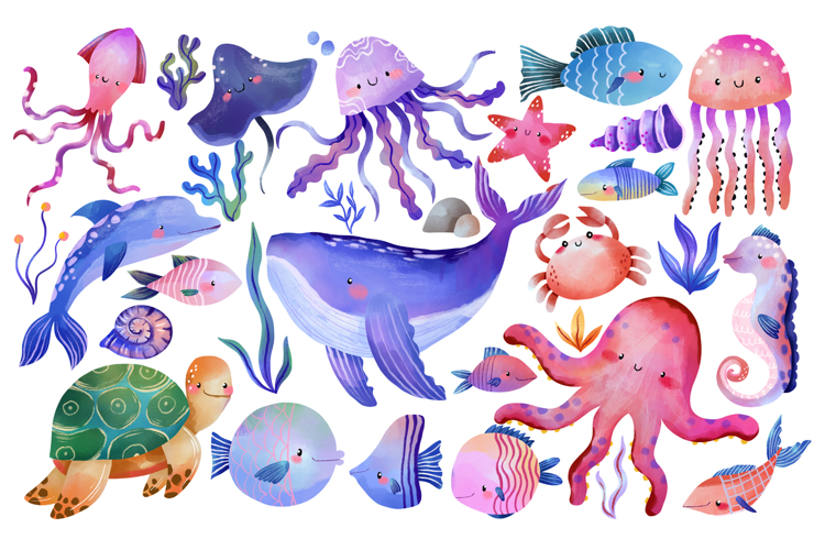 Watercolor Cute Ocean Life Clipart Undersea Animal